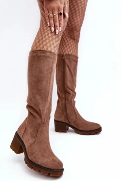 Sale Boto Kozaki Damskie Przed Kolano Na Niskim Obcasie Brązowe Beveta Brązowy