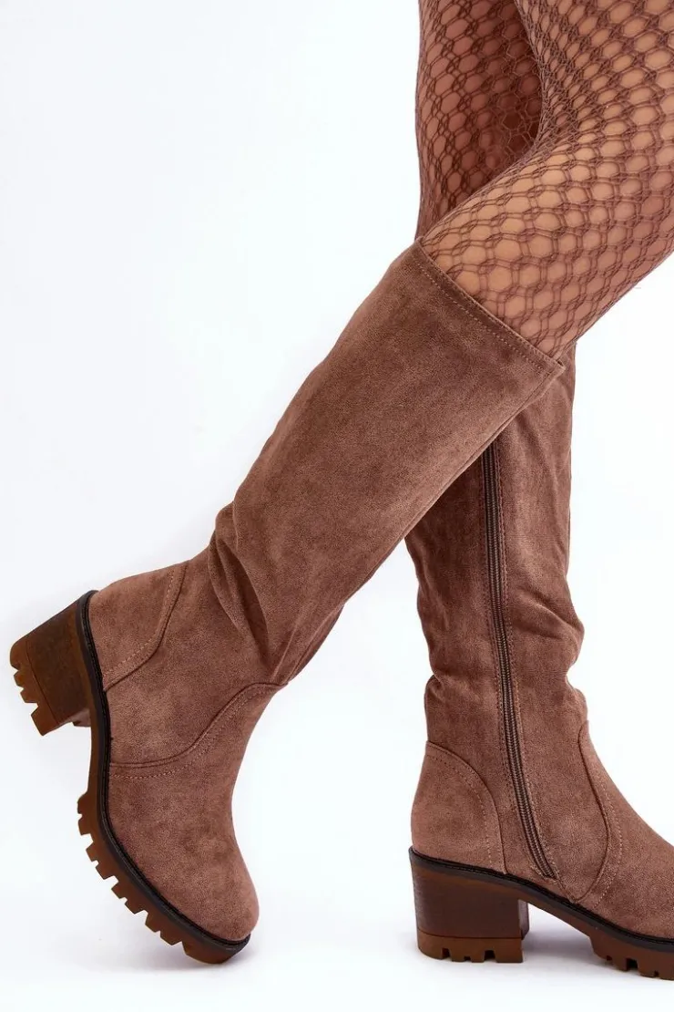 Sale Boto Kozaki Damskie Przed Kolano Na Niskim Obcasie Brązowe Beveta Brązowy