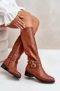 Boto Kozaki Przed Kolano|Kozaki Na Obcasie*Kozaki Damskie Przed Kolano Na Płaskim Obcasie Z Klamrami Camel Lotina