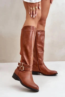 Boto Kozaki Przed Kolano|Kozaki Na Obcasie*Kozaki Damskie Przed Kolano Na Płaskim Obcasie Z Klamrami Camel Lotina