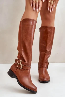 Boto Kozaki Przed Kolano|Kozaki Na Obcasie*Kozaki Damskie Przed Kolano Na Płaskim Obcasie Z Klamrami Camel Lotina