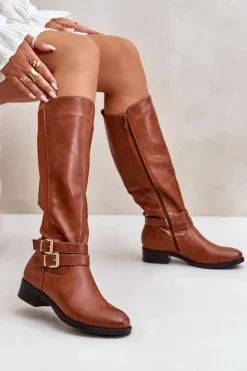 Boto Kozaki Przed Kolano|Kozaki Na Obcasie*Kozaki Damskie Przed Kolano Na Płaskim Obcasie Z Klamrami Camel Lotina