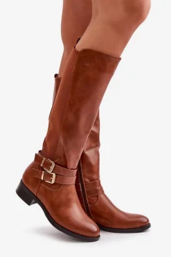 Boto Kozaki Przed Kolano|Kozaki Na Obcasie*Kozaki Damskie Przed Kolano Na Płaskim Obcasie Z Klamrami Camel Lotina