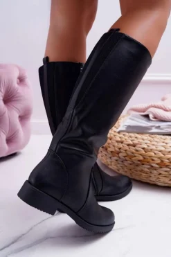 Damskie Buty Sergio Leone Kozaki Damskie Sergio Leone Z Gumką w Cholewce Ocieplane Czarne KZ528