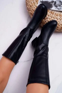 Damskie Buty Sergio Leone Kozaki Damskie Sergio Leone Z Gumką w Cholewce Ocieplane Czarne KZ528