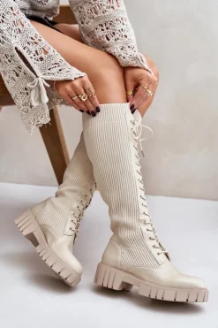 Boto Kozaki Damskie Skarpetkowe Sznurowane Na Płaskim Obcasie Beżowe Vamisha