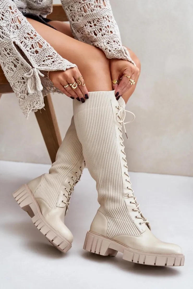 Boto Kozaki Damskie Skarpetkowe Sznurowane Na Płaskim Obcasie Beżowe Vamisha