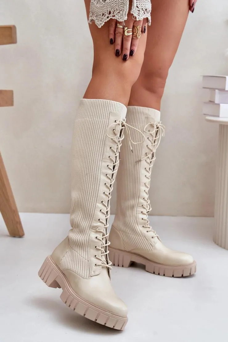 Boto Kozaki Damskie Skarpetkowe Sznurowane Na Płaskim Obcasie Beżowe Vamisha