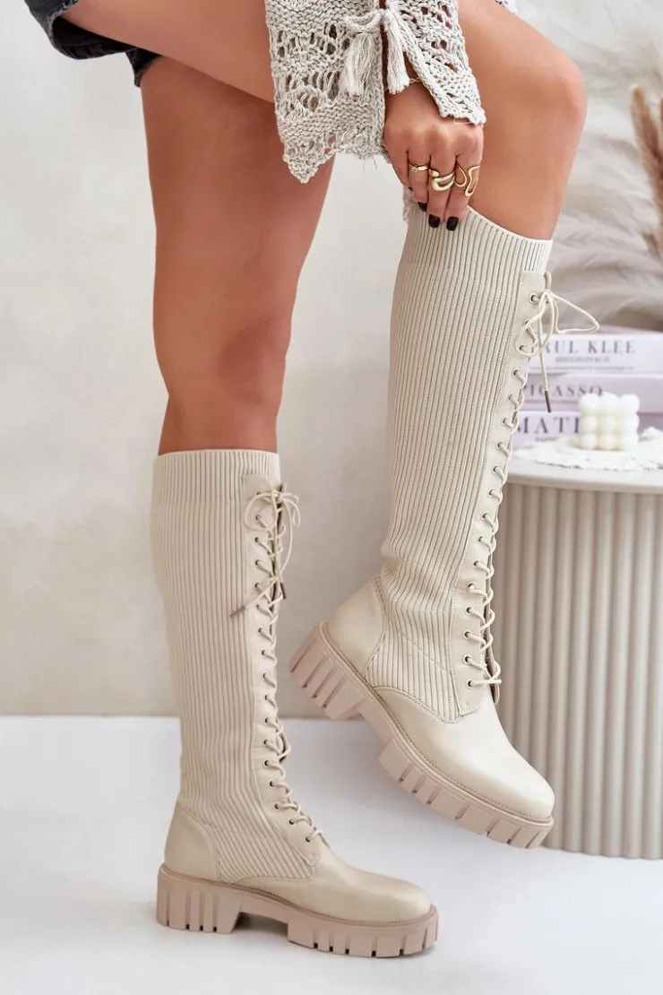 Boto Kozaki Damskie Skarpetkowe Sznurowane Na Płaskim Obcasie Beżowe Vamisha