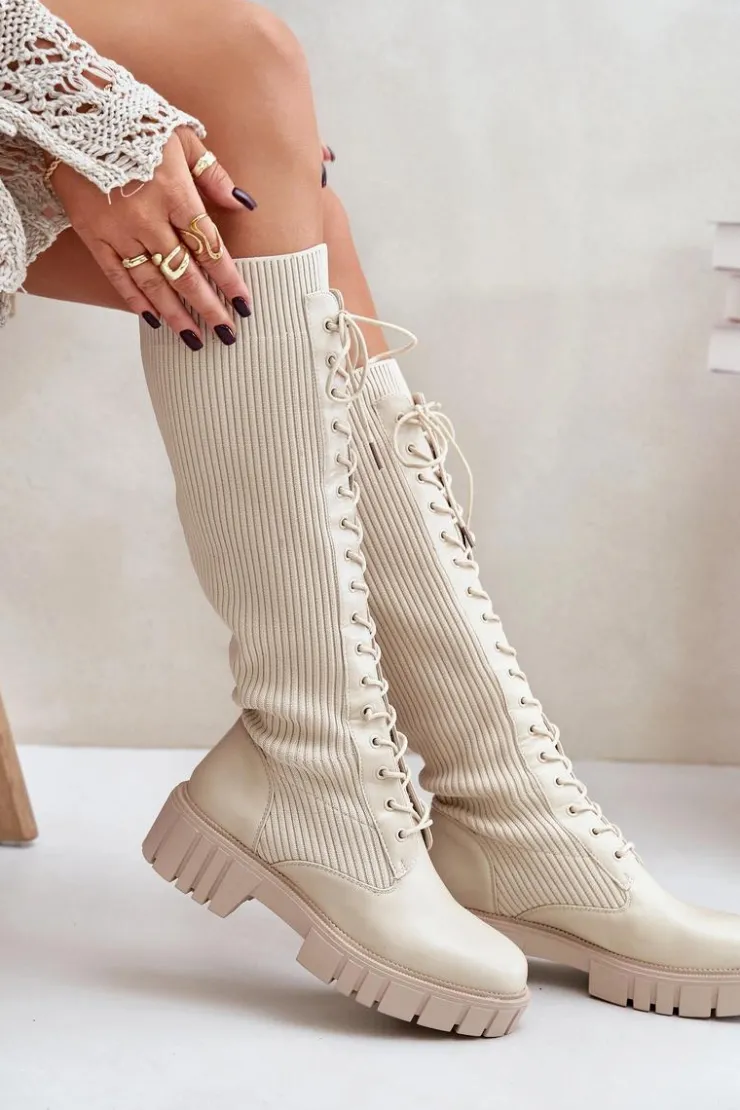 Boto Kozaki Damskie Skarpetkowe Sznurowane Na Płaskim Obcasie Beżowe Vamisha