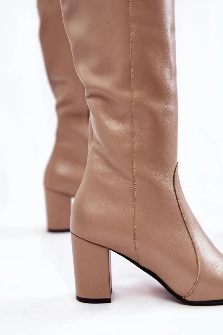 Laura Messi Kozaki Przed Kolano|Kozaki Na Obcasie*Kozaki Damskie Skórzane Beżowe 1415
