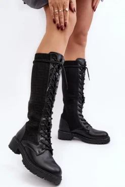 Damskie Boto Kozaki Damskie Sznurowane Z Elastyczną Cholewką Czarne Virxinia
