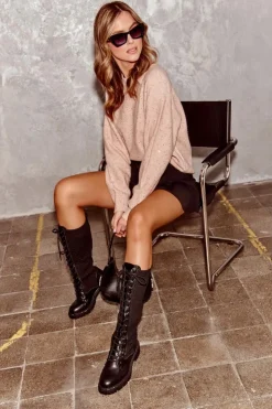 Damskie Boto Kozaki Damskie Sznurowane Z Elastyczną Cholewką Czarne Virxinia