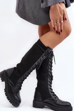 Damskie Boto Kozaki Damskie Sznurowane Z Elastyczną Cholewką Czarne Virxinia