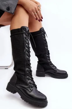 Damskie Boto Kozaki Damskie Sznurowane Z Elastyczną Cholewką Czarne Virxinia