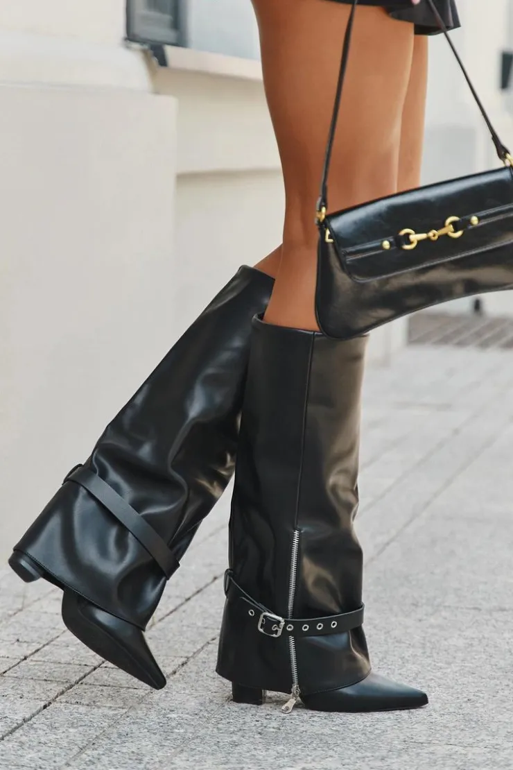 Boto Kozaki Ocieplane|Kozaki Na Słupku*Kozaki Damskie Wsuwane Na Słupku Z Ozdobnym Paskiem Eko Skórzane Czarne Jolivine Czarny