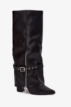 Boto Kozaki Ocieplane|Kozaki Na Słupku*Kozaki Damskie Wsuwane Na Słupku Z Ozdobnym Paskiem Eko Skórzane Czarne Jolivine Czarny