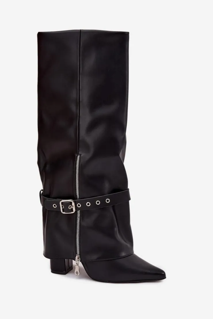 Boto Kozaki Ocieplane|Kozaki Na Słupku*Kozaki Damskie Wsuwane Na Słupku Z Ozdobnym Paskiem Eko Skórzane Czarne Jolivine Czarny