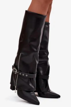 Boto Kozaki Ocieplane|Kozaki Na Słupku*Kozaki Damskie Wsuwane Na Słupku Z Ozdobnym Paskiem Eko Skórzane Czarne Jolivine Czarny