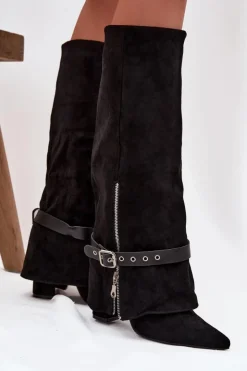 Boto Kozaki Ocieplane|Kozaki Na Słupku*Kozaki Damskie Wsuwane Na Słupku Z Ozdobnym Paskiem Czarne Jolivine Czarny