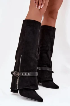 Boto Kozaki Ocieplane|Kozaki Na Słupku*Kozaki Damskie Wsuwane Na Słupku Z Ozdobnym Paskiem Czarne Jolivine Czarny