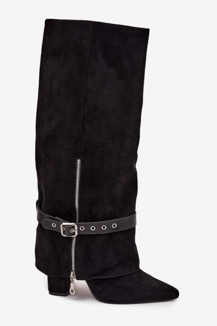 Boto Kozaki Ocieplane|Kozaki Na Słupku*Kozaki Damskie Wsuwane Na Słupku Z Ozdobnym Paskiem Czarne Jolivine Czarny