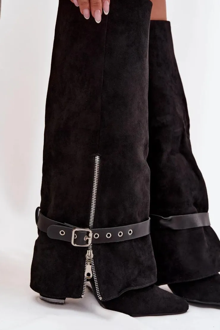 Boto Kozaki Ocieplane|Kozaki Na Słupku*Kozaki Damskie Wsuwane Na Słupku Z Ozdobnym Paskiem Czarne Jolivine Czarny