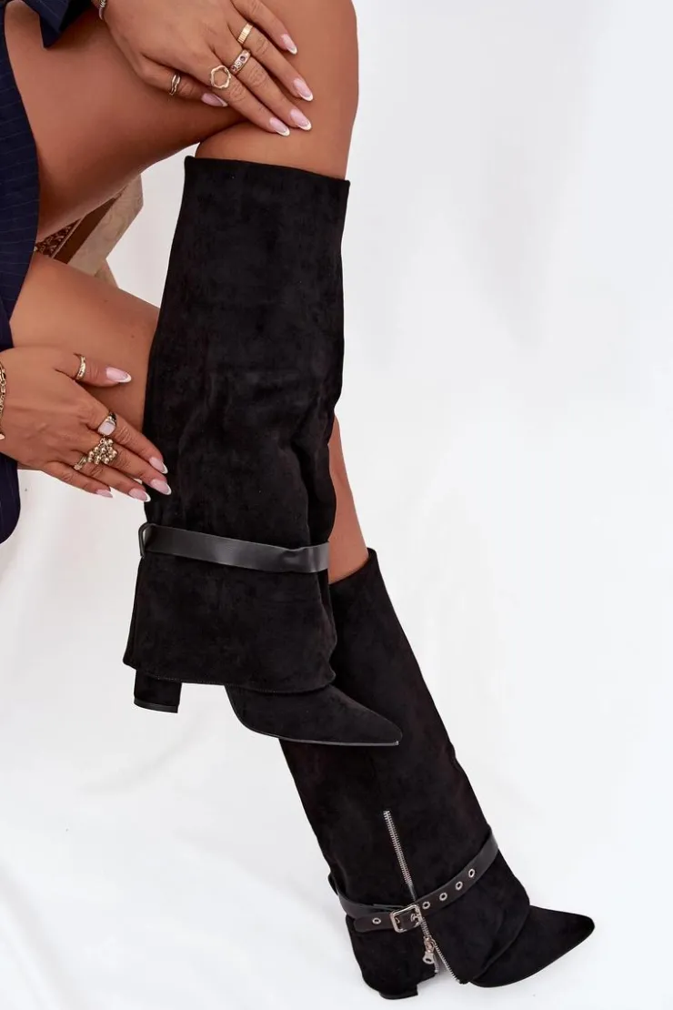 Boto Kozaki Ocieplane|Kozaki Na Słupku*Kozaki Damskie Wsuwane Na Słupku Z Ozdobnym Paskiem Czarne Jolivine Czarny