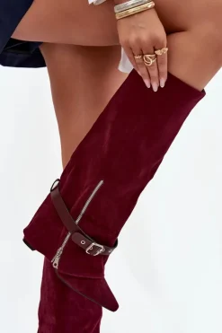 Damskie Boto Kozaki Damskie Wsuwane Na Słupku Z Ozdobnym Paskiem Bordowe Jolivine