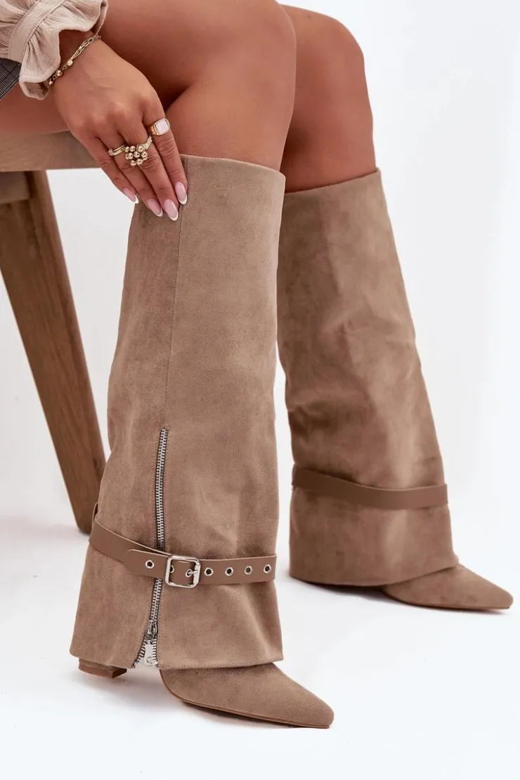 Clearance Boto Kozaki Damskie Wsuwane Na Słupku Z Ozdobnym Paskiem Beżowe Jolivine Beżowy