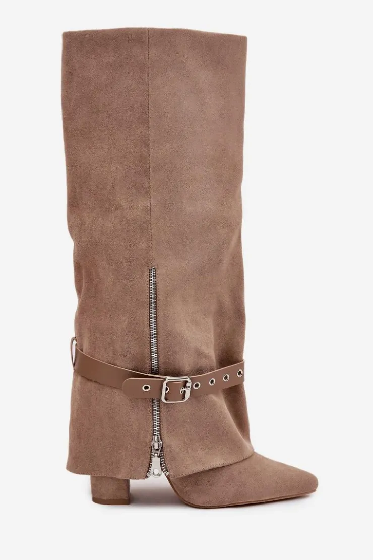 Clearance Boto Kozaki Damskie Wsuwane Na Słupku Z Ozdobnym Paskiem Beżowe Jolivine Beżowy