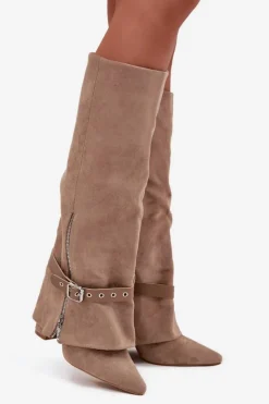 Clearance Boto Kozaki Damskie Wsuwane Na Słupku Z Ozdobnym Paskiem Beżowe Jolivine Beżowy