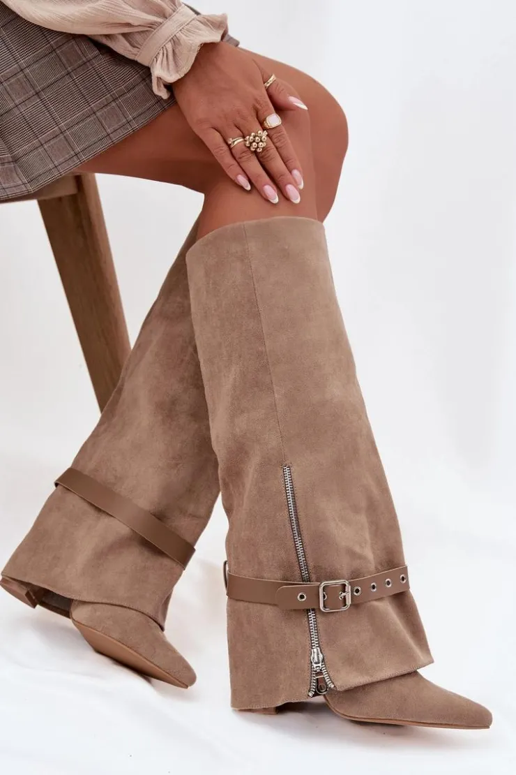 Clearance Boto Kozaki Damskie Wsuwane Na Słupku Z Ozdobnym Paskiem Beżowe Jolivine Beżowy