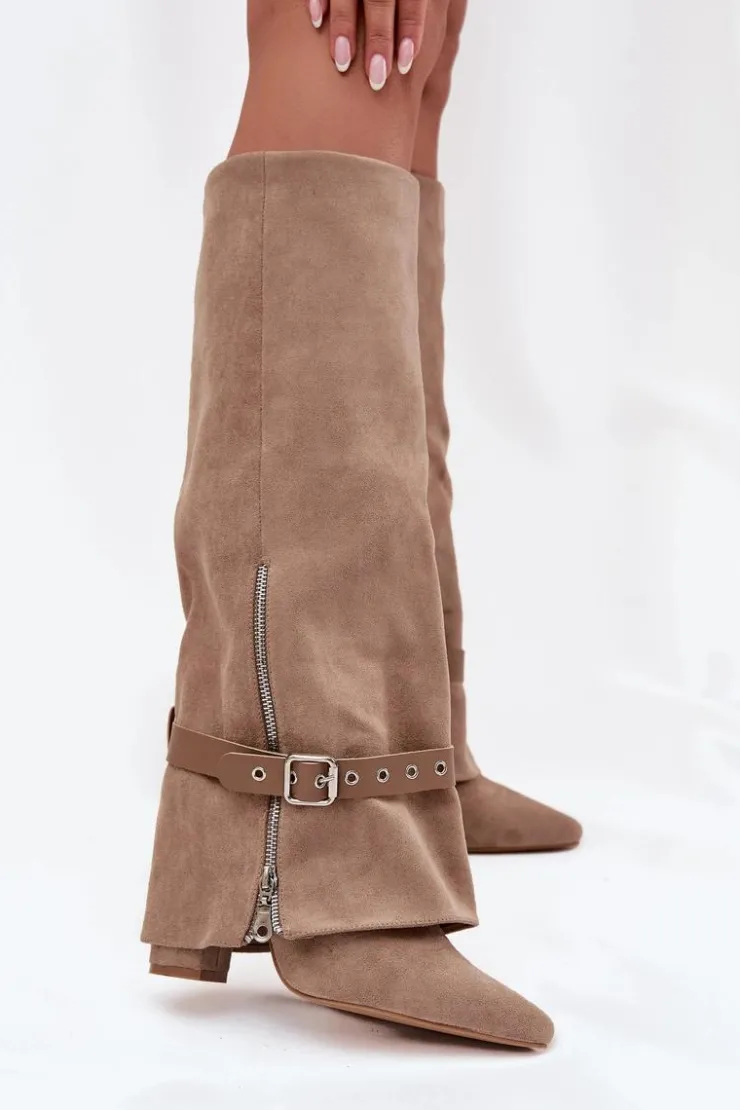 Clearance Boto Kozaki Damskie Wsuwane Na Słupku Z Ozdobnym Paskiem Beżowe Jolivine Beżowy