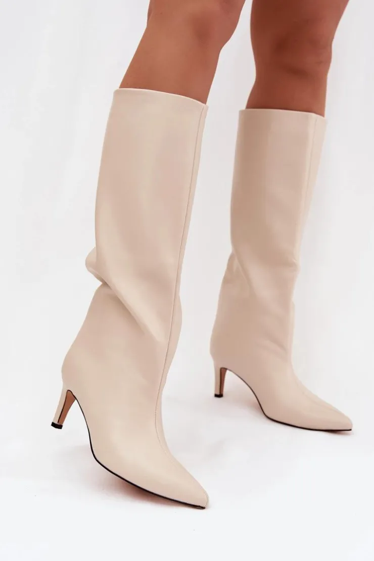 Damskie Boto Kozaki Damskie Wsuwane Ocieplane Na Szpilce Jasnobeżowe Olivienne