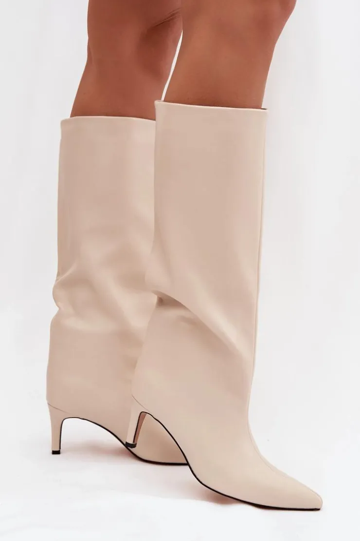 Damskie Boto Kozaki Damskie Wsuwane Ocieplane Na Szpilce Jasnobeżowe Olivienne