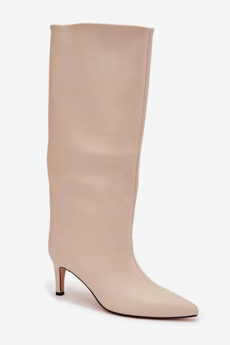 Damskie Boto Kozaki Damskie Wsuwane Ocieplane Na Szpilce Jasnobeżowe Olivienne