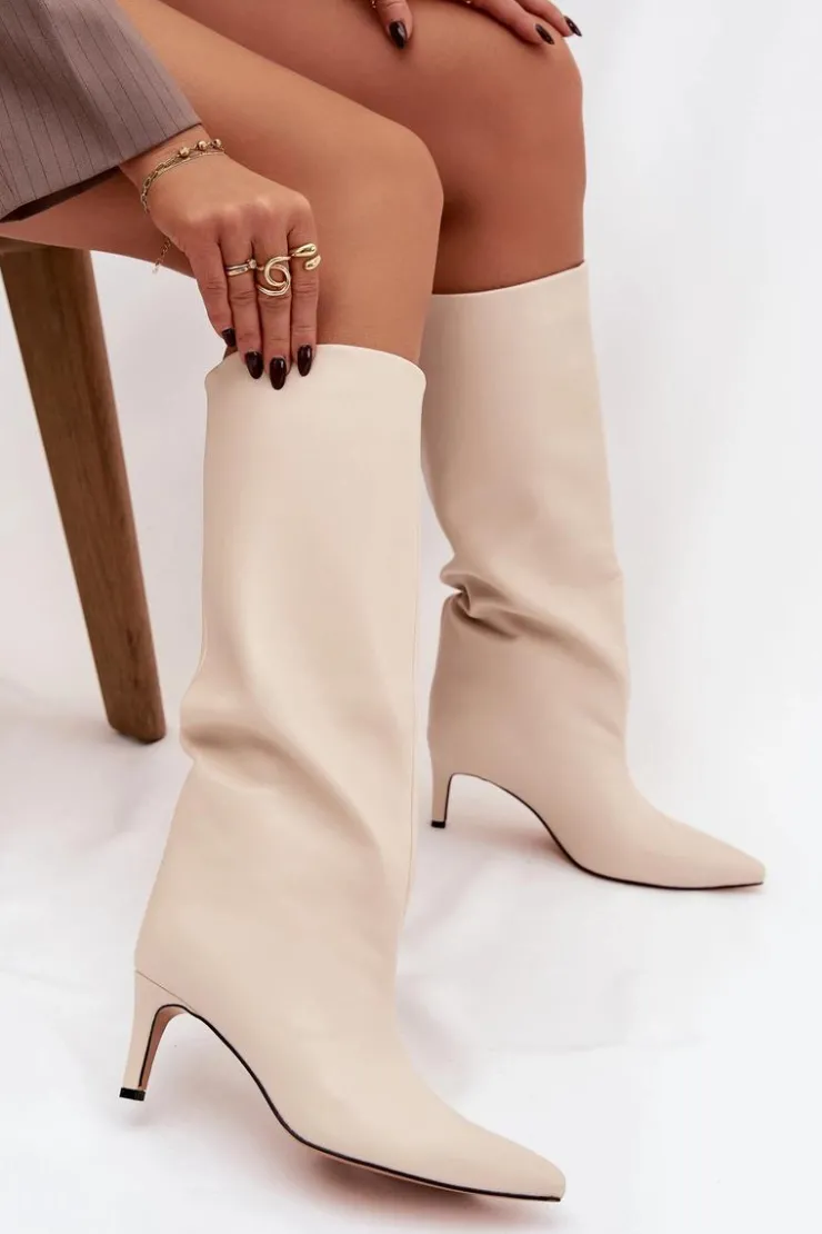 Damskie Boto Kozaki Damskie Wsuwane Ocieplane Na Szpilce Jasnobeżowe Olivienne