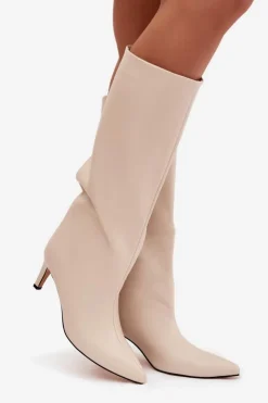 Damskie Boto Kozaki Damskie Wsuwane Ocieplane Na Szpilce Jasnobeżowe Olivienne