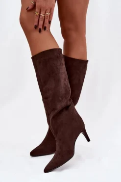 Damskie Boto Kozaki Damskie Wsuwane Ocieplane Na Szpilce Czekoladowe Olivienne