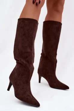 Damskie Boto Kozaki Damskie Wsuwane Ocieplane Na Szpilce Czekoladowe Olivienne