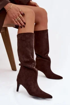 Damskie Boto Kozaki Damskie Wsuwane Ocieplane Na Szpilce Czekoladowe Olivienne