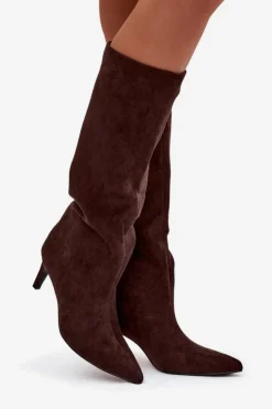 Damskie Boto Kozaki Damskie Wsuwane Ocieplane Na Szpilce Czekoladowe Olivienne