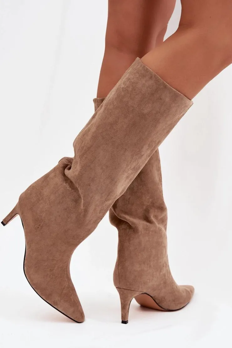 Boto Kozaki Ocieplane|Kozaki Na Szpilce*Kozaki Damskie Wsuwane Ocieplane Na Szpilce Beżowe Olivienne Beżowy