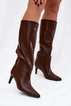 Online Boto Kozaki Damskie Wsuwane Ocieplane Na Szpilce Brązowe Olivienne Brązowy