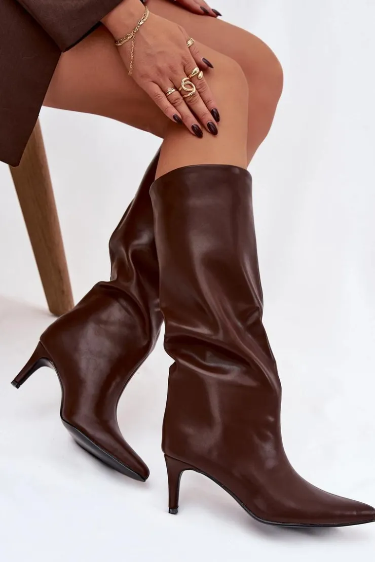 Online Boto Kozaki Damskie Wsuwane Ocieplane Na Szpilce Brązowe Olivienne Brązowy