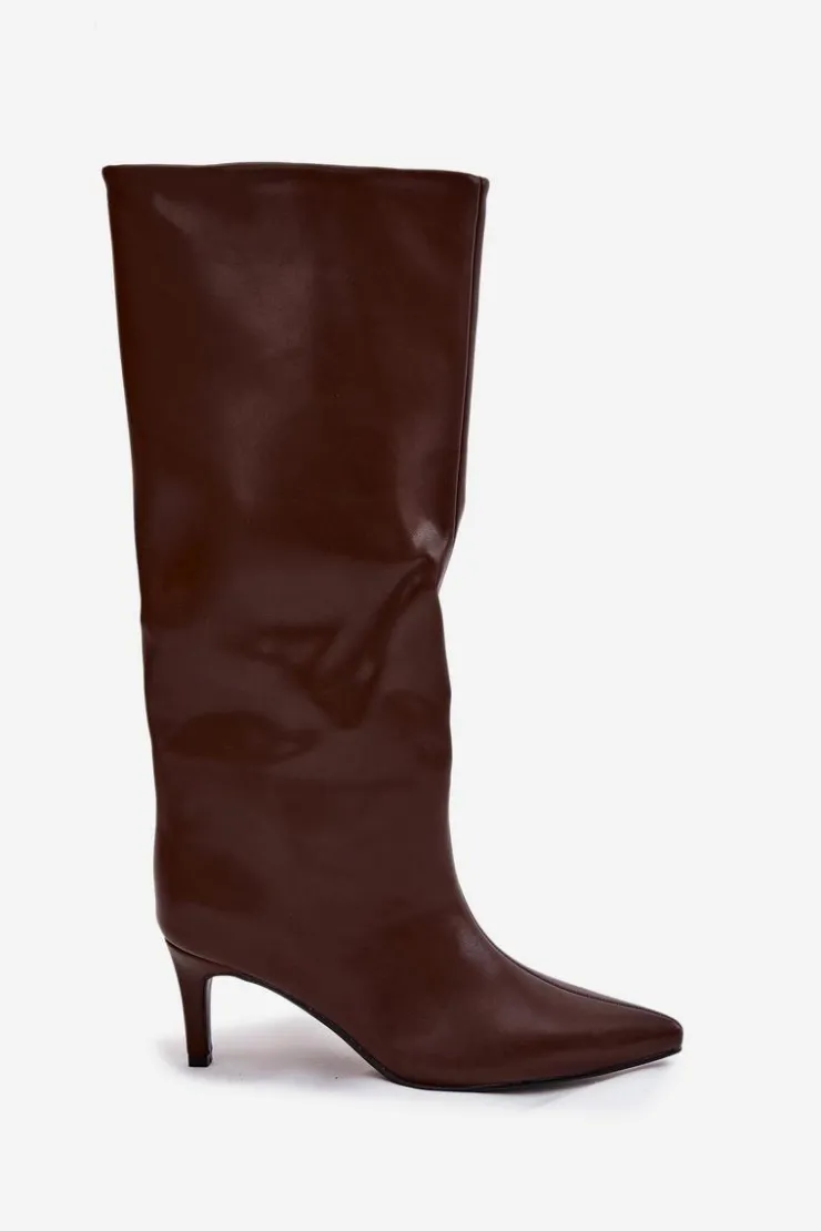 Online Boto Kozaki Damskie Wsuwane Ocieplane Na Szpilce Brązowe Olivienne Brązowy