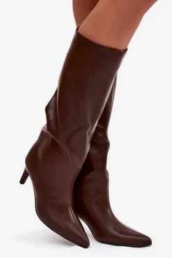 Online Boto Kozaki Damskie Wsuwane Ocieplane Na Szpilce Brązowe Olivienne Brązowy