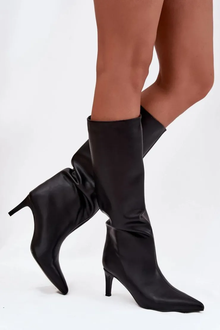 Damskie Boto Kozaki Damskie Wsuwane Ocieplane Na Szpilce Czarne Olivienne