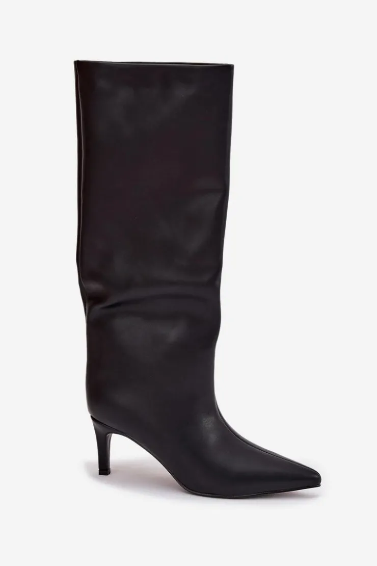 Damskie Boto Kozaki Damskie Wsuwane Ocieplane Na Szpilce Czarne Olivienne